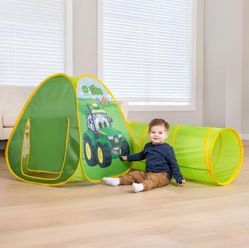 2 in 1 Pop Up Tent & Tunnel for Kids Ages 2+, Indoor & Outdoor Playhouse with Double Sided John Deere Graphics