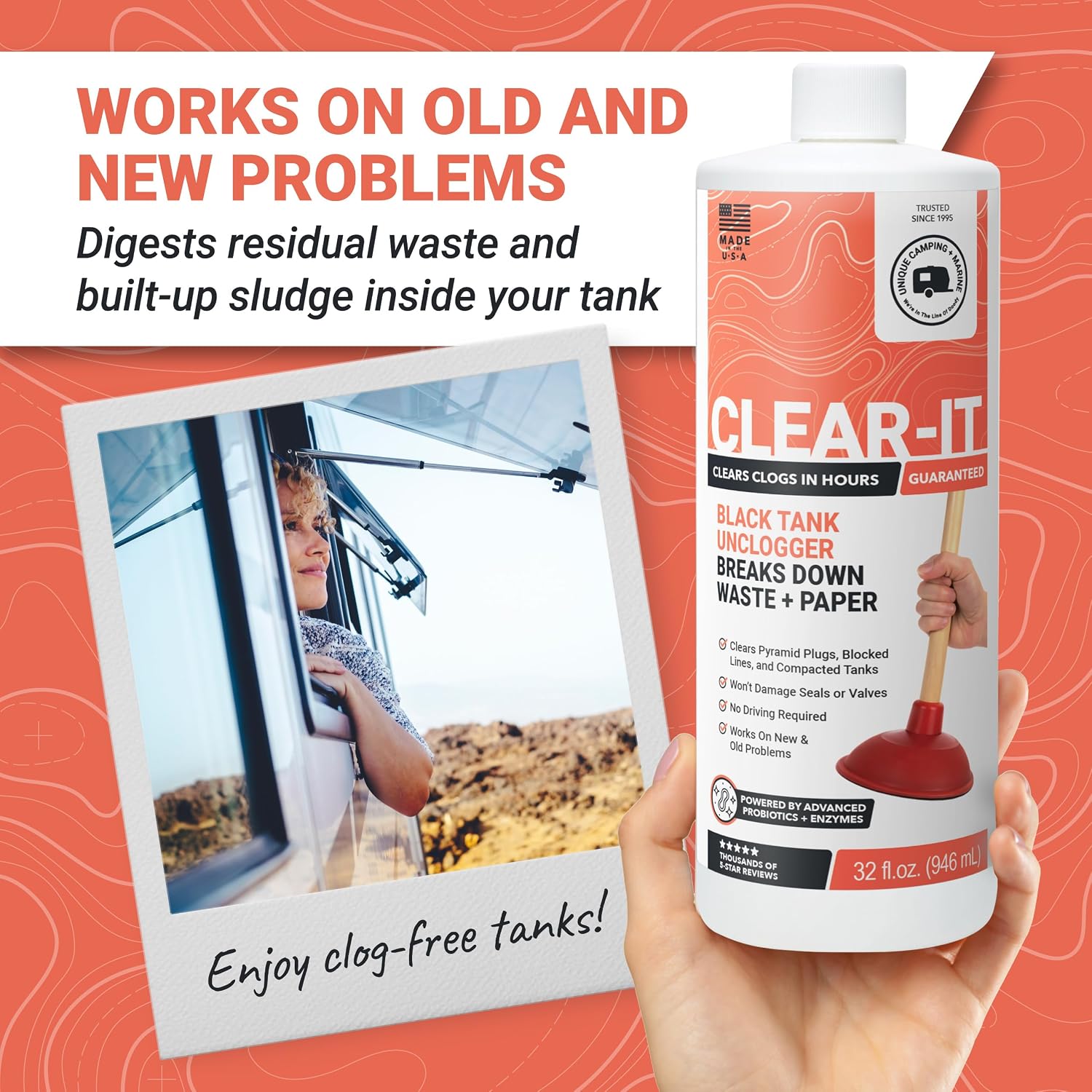 Clear-It Liquid RV Black Tank Unclogger, 32 oz | Breaks through pyramid plugs, compacted waste, & clogged pipes; RV