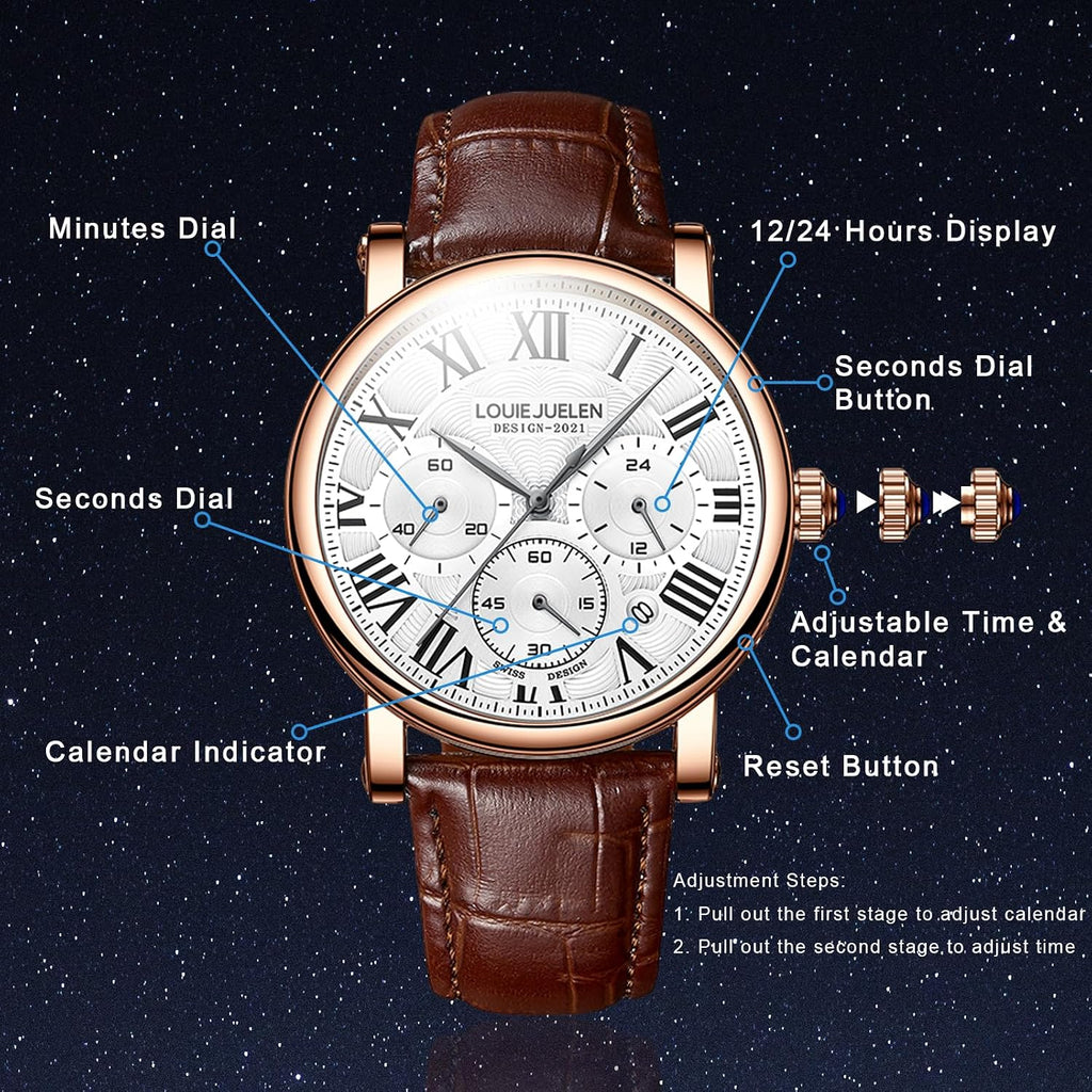 Men's Business Watch, Chronograph Quartz Analog Watch, Leather Strap | Stainless Steel, Roman numerals, Analog