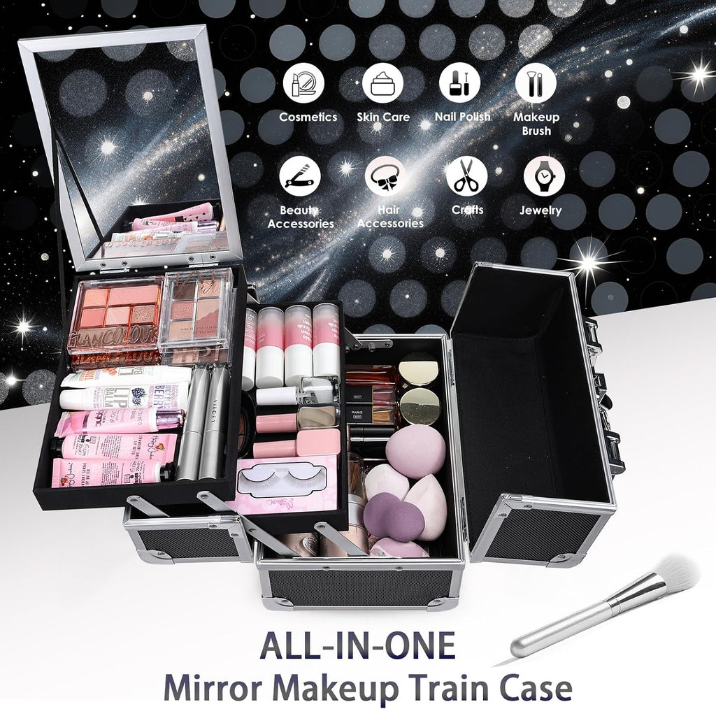 Makeup Case Organizer Cosmetic Box Storage Portable Makeup Train Case with Mirror 2 Trays Travel Vanity Box for