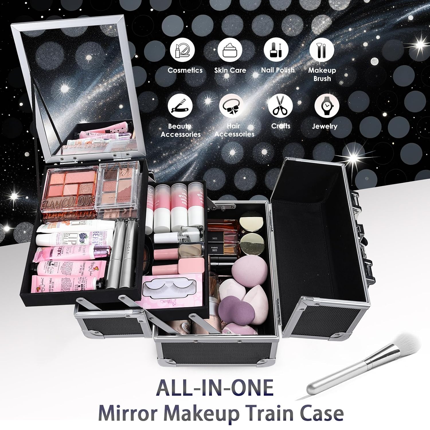 Makeup Case Organizer Cosmetic Box Storage Portable Makeup Train Case with Mirror 2 Trays Travel Vanity Box for