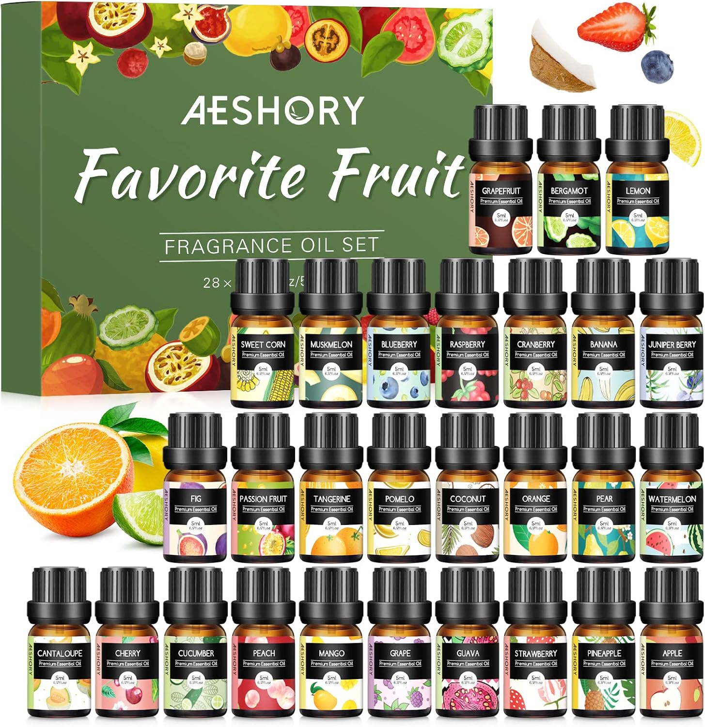 Fruity Essential Oils Set - Top 28 Fruit Fragrance Oil for Candle Making, Diffusers - Strawberry, Apple, Pineapple