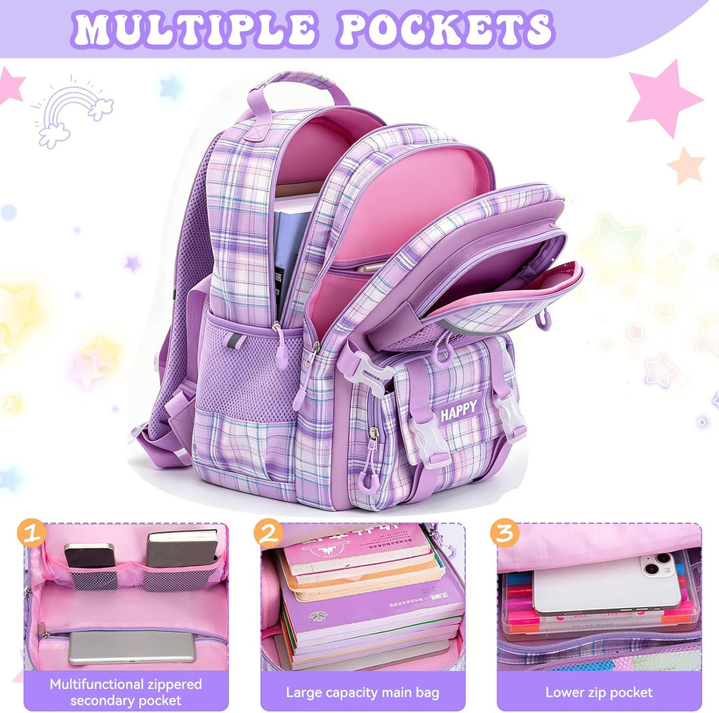 Backpack for Girls,Cute Plaid Backpack,Preppy Bookbag for Elementary & Middle School Students,Large Capacity School