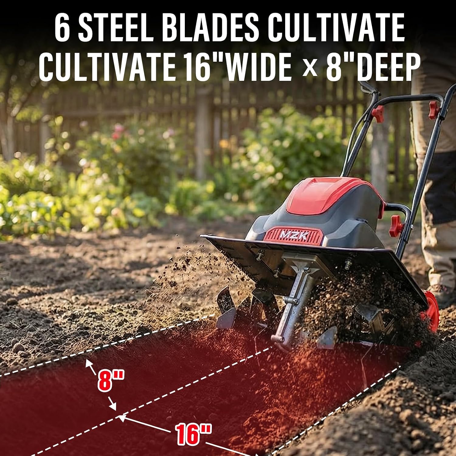 16-Inch 13.5A Electric Tiller Cultivator,Foldable Rototiller | 8-inch tilling depth with adjustable wheels for garden