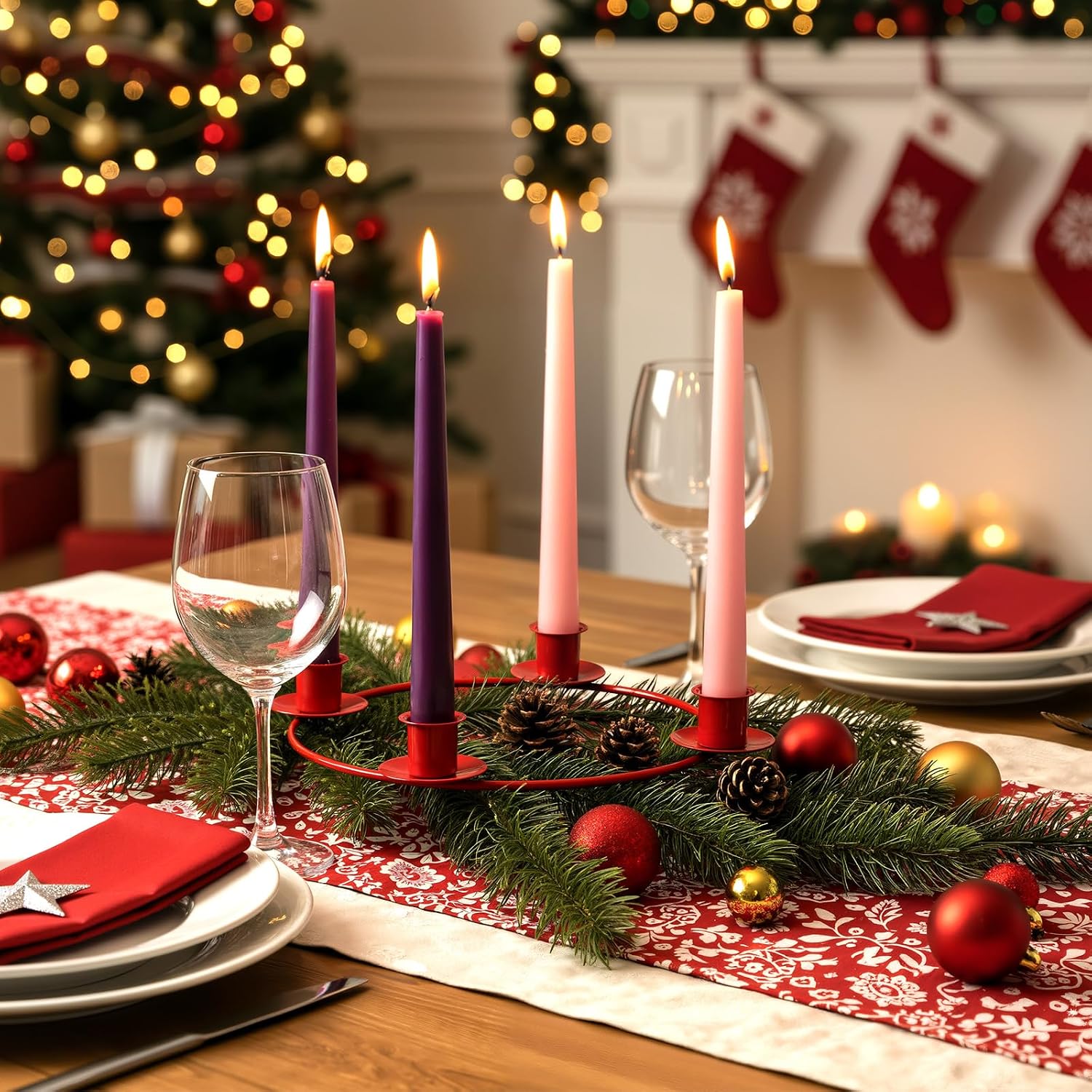 Christmas Advent Candle Holder 4 Candles Stand, Red, 2 Pcs