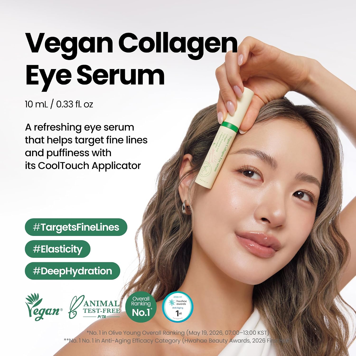 Vegan Collagen Eye Serum with 2% Niacinamide, Peptides, 0.33 fl. oz. | Vegan Korean Eye Cream with Cooling Roller for