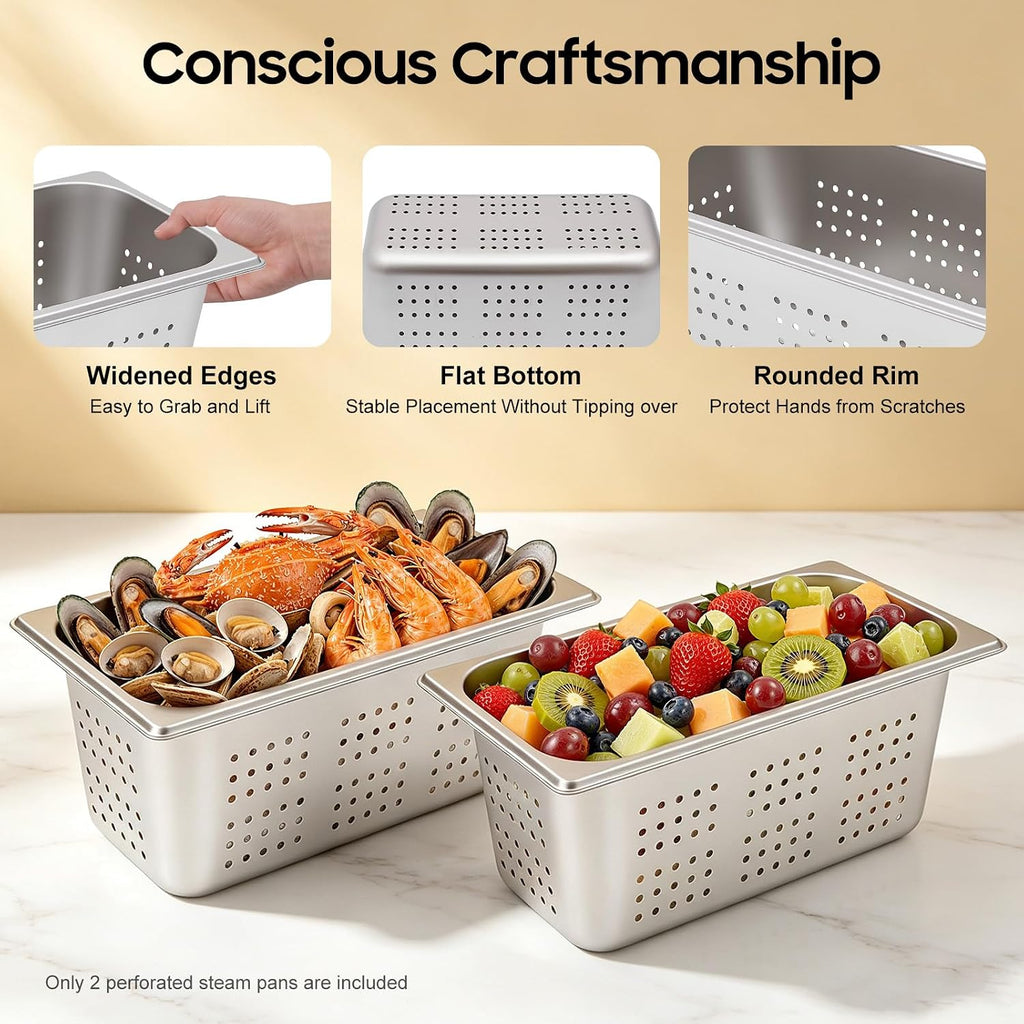 2Pcs 1/3 Size 6 Inch Deep Stainless Steel Perforated Steam Pans