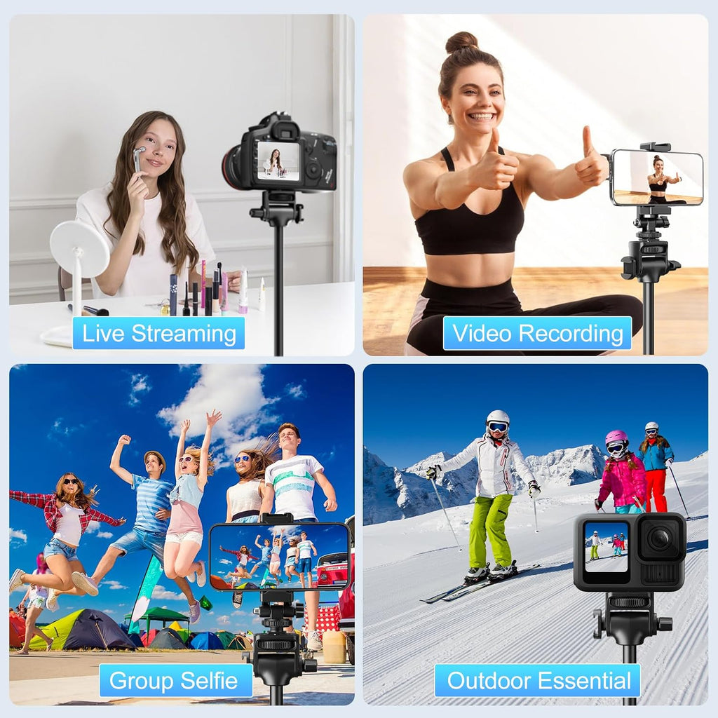 62" Professional Cell Phone Tripod, Ultra Stable 4 Leg Design, Bluetooth Remote, 100% All Aluminum Stick & Legs