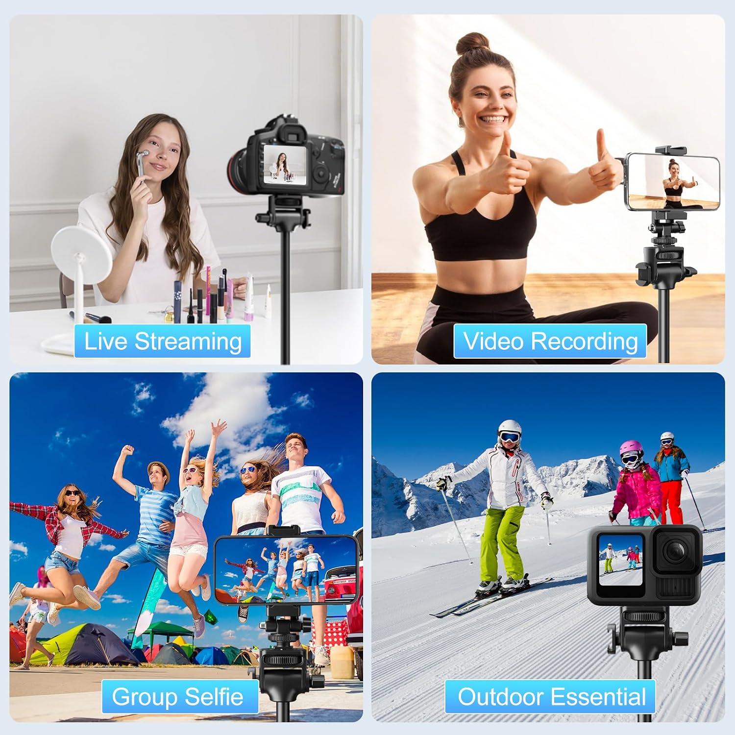 62" Professional Cell Phone Tripod, Ultra Stable 4 Leg Design, Bluetooth Remote, 100% All Aluminum Stick & Legs