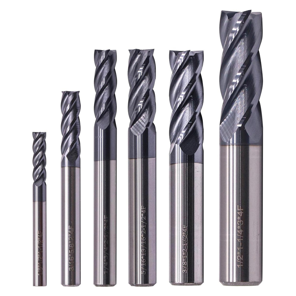 6Pcs 1/8" - 1/2" 4 Flute Solid Carbide Square End Mill Set - AlTiN Coated