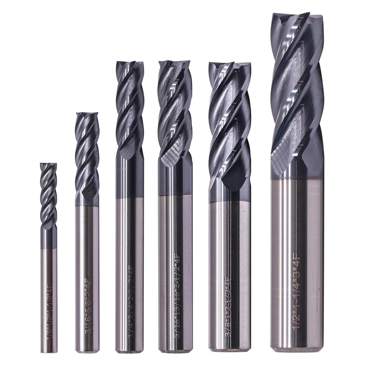 6Pcs 1/8" - 1/2" 4 Flute Solid Carbide Square End Mill Set - AlTiN Coated