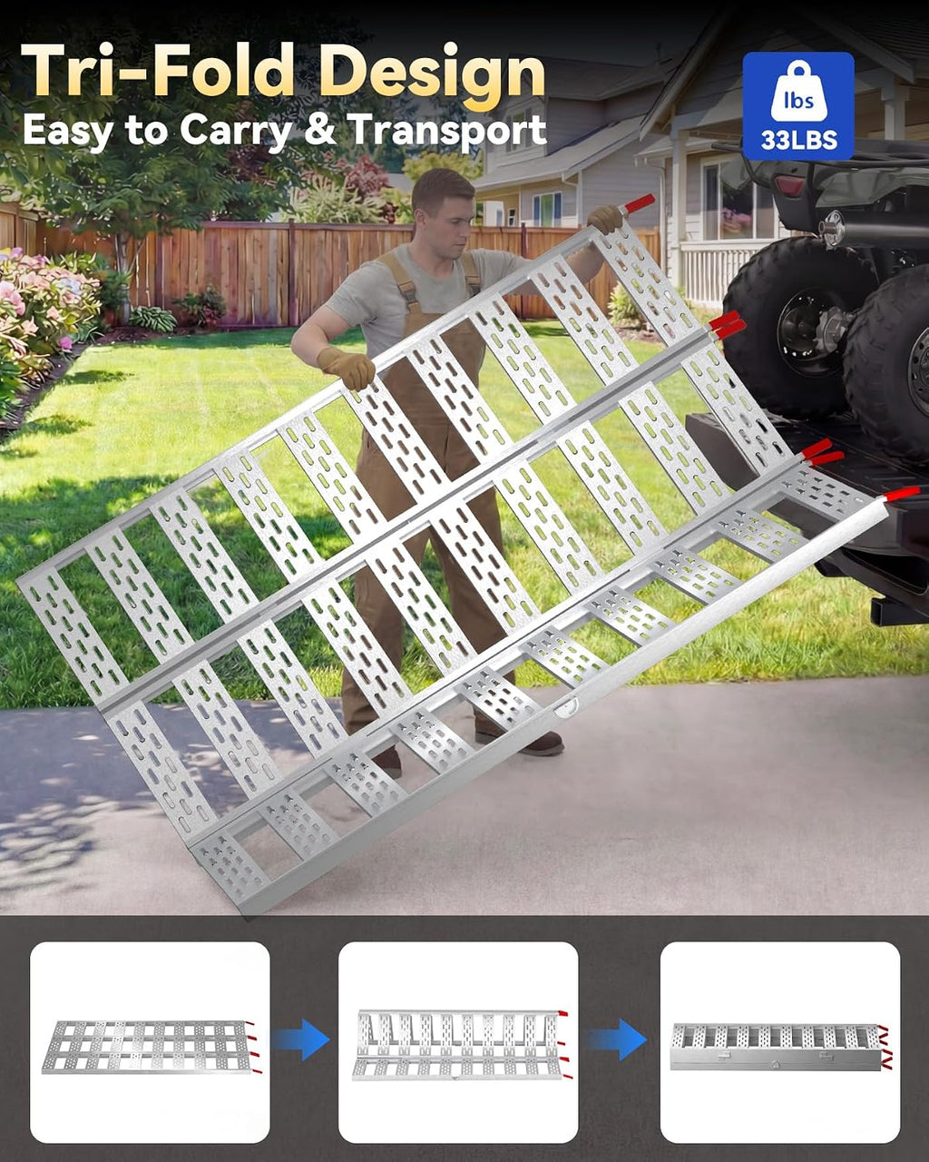 Tri-Fold Aluminum Loading Ramp for Pickup Trucks & Trailers, 1500 lbs Capacity Folding Ramp for Motorcycles, ATV