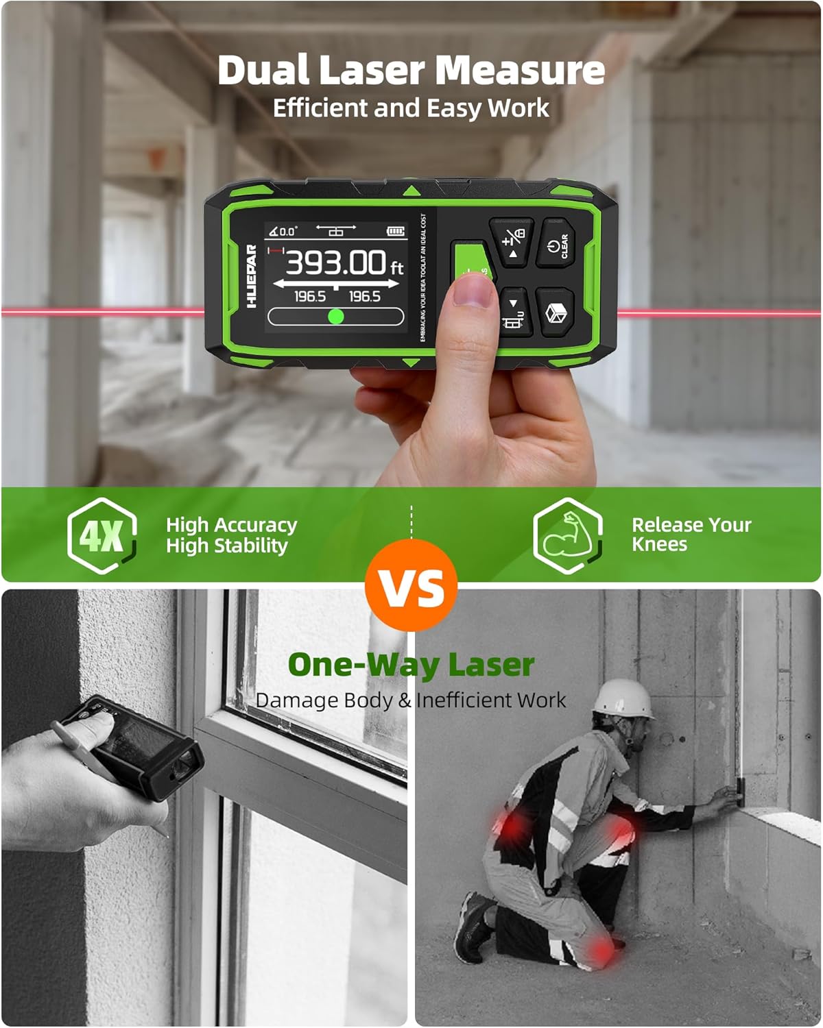 Professional Dual Laser Measuring Tool 393ft, 5 Years Warranty, Rechargeable Bilateral Laser Measurement Tool, Laser