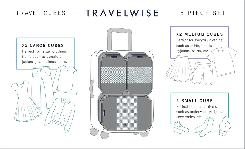 Travel Wise Packing Cubes for Travel - 5 Piece Set with Pattern Design, Lightweight Ripstop Nylon Luggage Organizers