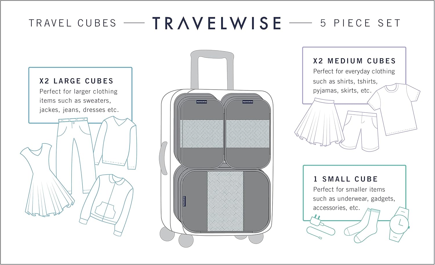 Travel Wise Packing Cubes for Travel - 5 Piece Set with Pattern Design, Lightweight Ripstop Nylon Luggage Organizers