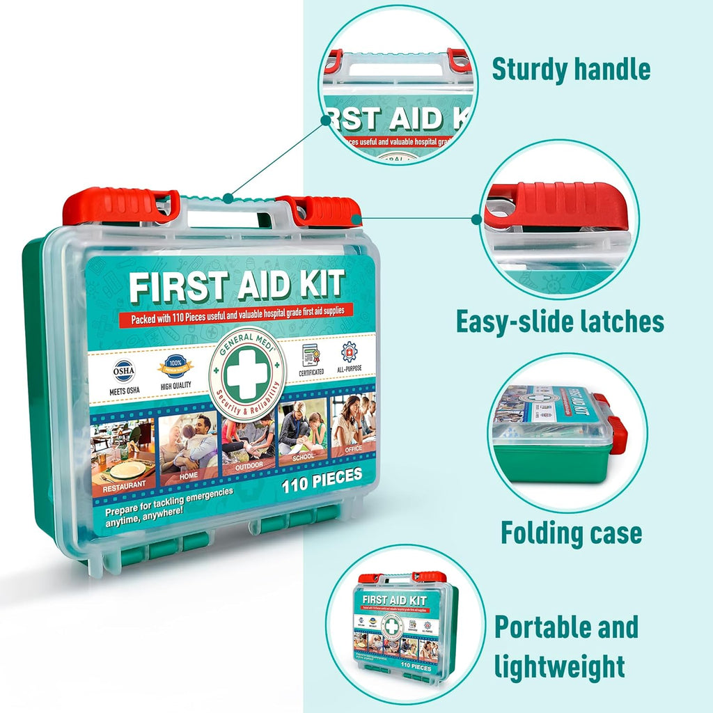 110 Pieces Small First Aid Kit - HardCase First Aid Box - Contains Premium Medical Supplies for Travel, Home, Office