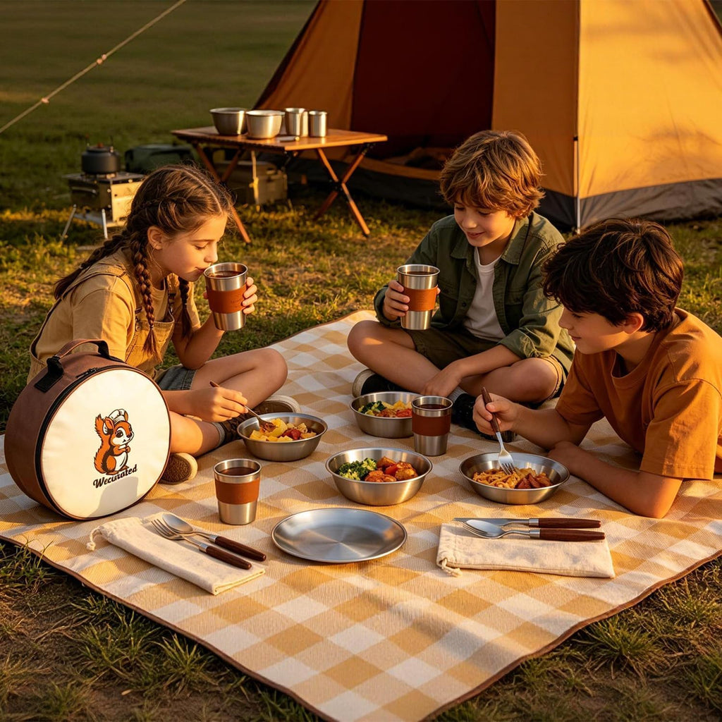 Camping Mess Kit, Stainless Steel Stylish Set | Bowls Plates Cups Forks Spoons and Knives, Camping Dishes Cutlery Set