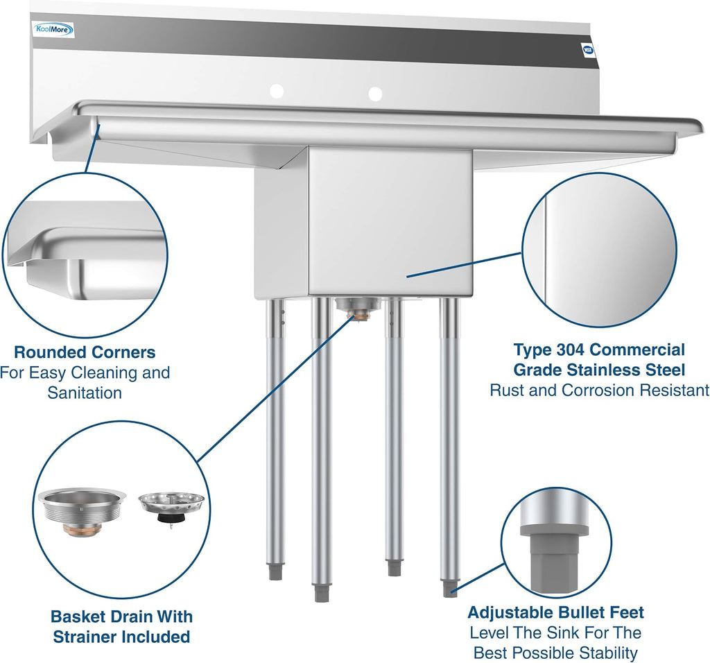 1 Compartment Stainless Steel NSF Commercial Kitchen Prep & Utility Sink with 2 Drainboards - Bowl Size 12" x 16" x 10"