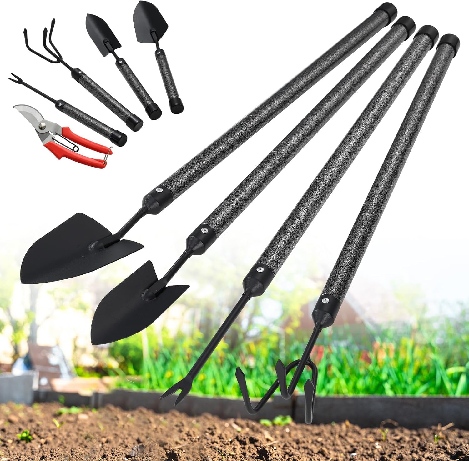 Garden Tool Set with Extended Long Handle, 5 Pieces Stainless Steel Gardening Tool Kit, Gifts for Parents and Kids