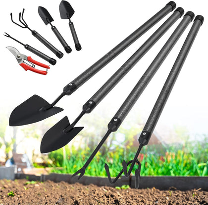 Garden Tool Set with Extended Long Handle, 5 Pieces Stainless Steel Gardening Tool Kit, Gifts for Parents and Kids