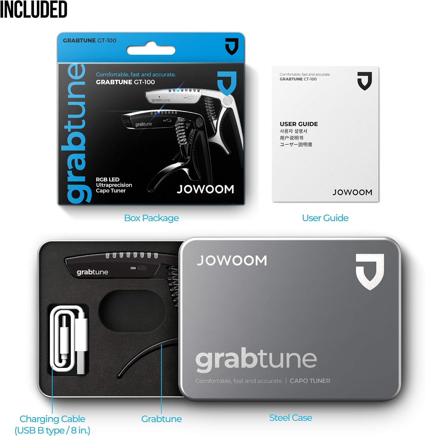 Grabtune Acoustic Guitar Capo-Tuner | 2 In 1 Equipment | Precise and Accurate Tuning System | Full Color LED Edge