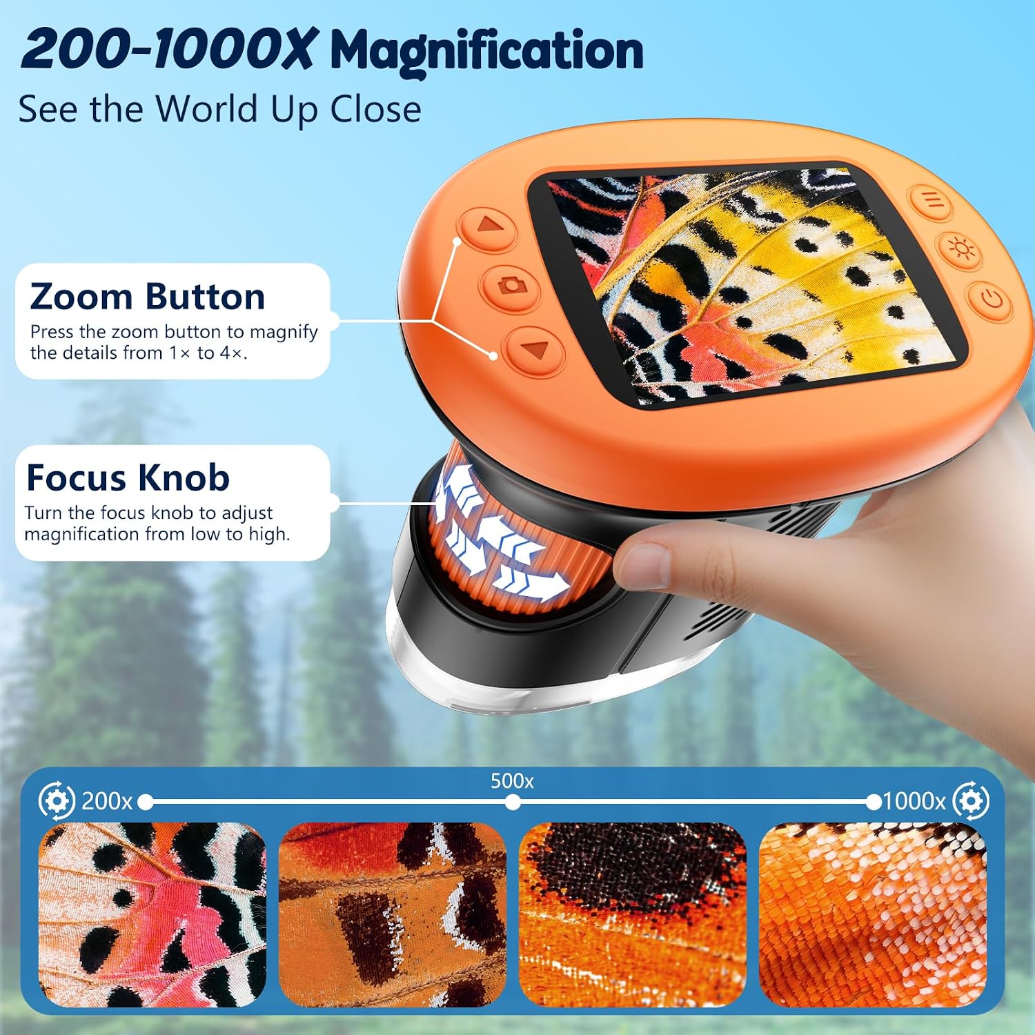 2.4" 4K 1000X Digital Kids Microscope with 32G Card 12 Slides Orange | Long distance viewing, portable handheld edu