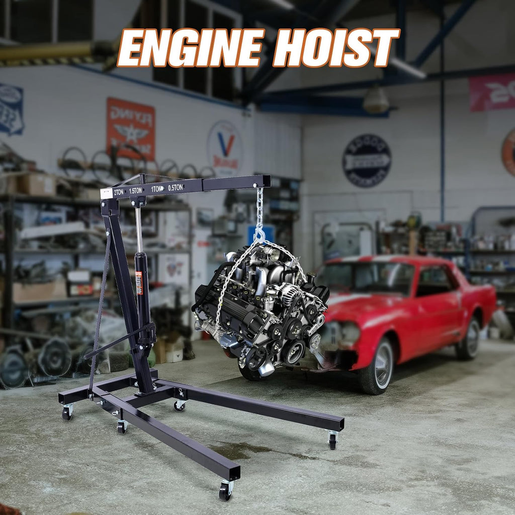 2 Ton Cherry Picker Engine Hoist, Heavy Duty Folding Engine Stand with 6 Iron Caster Wheels, Durable Engine Lift