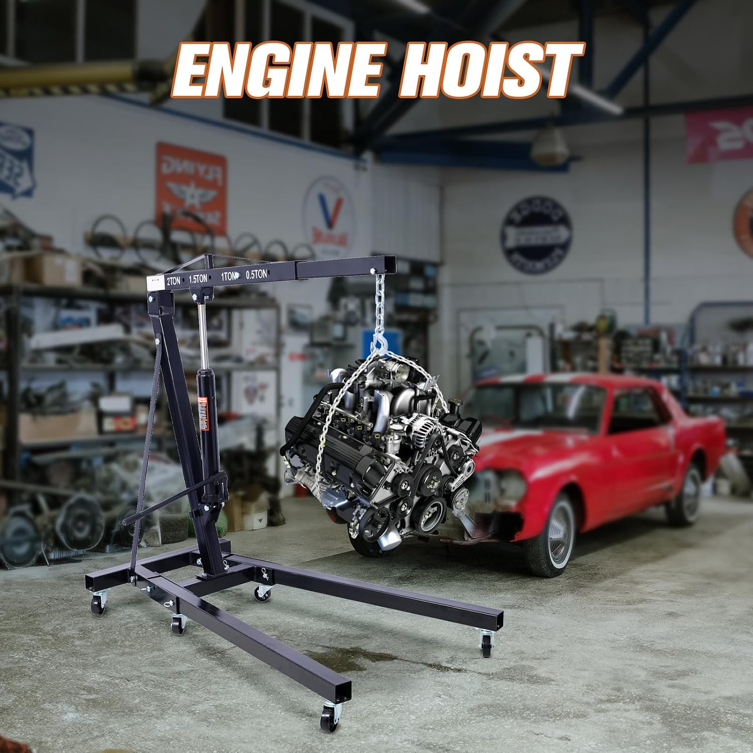 2 Ton Cherry Picker Engine Hoist, Heavy Duty Folding Engine Stand with 6 Iron Caster Wheels, Durable Engine Lift