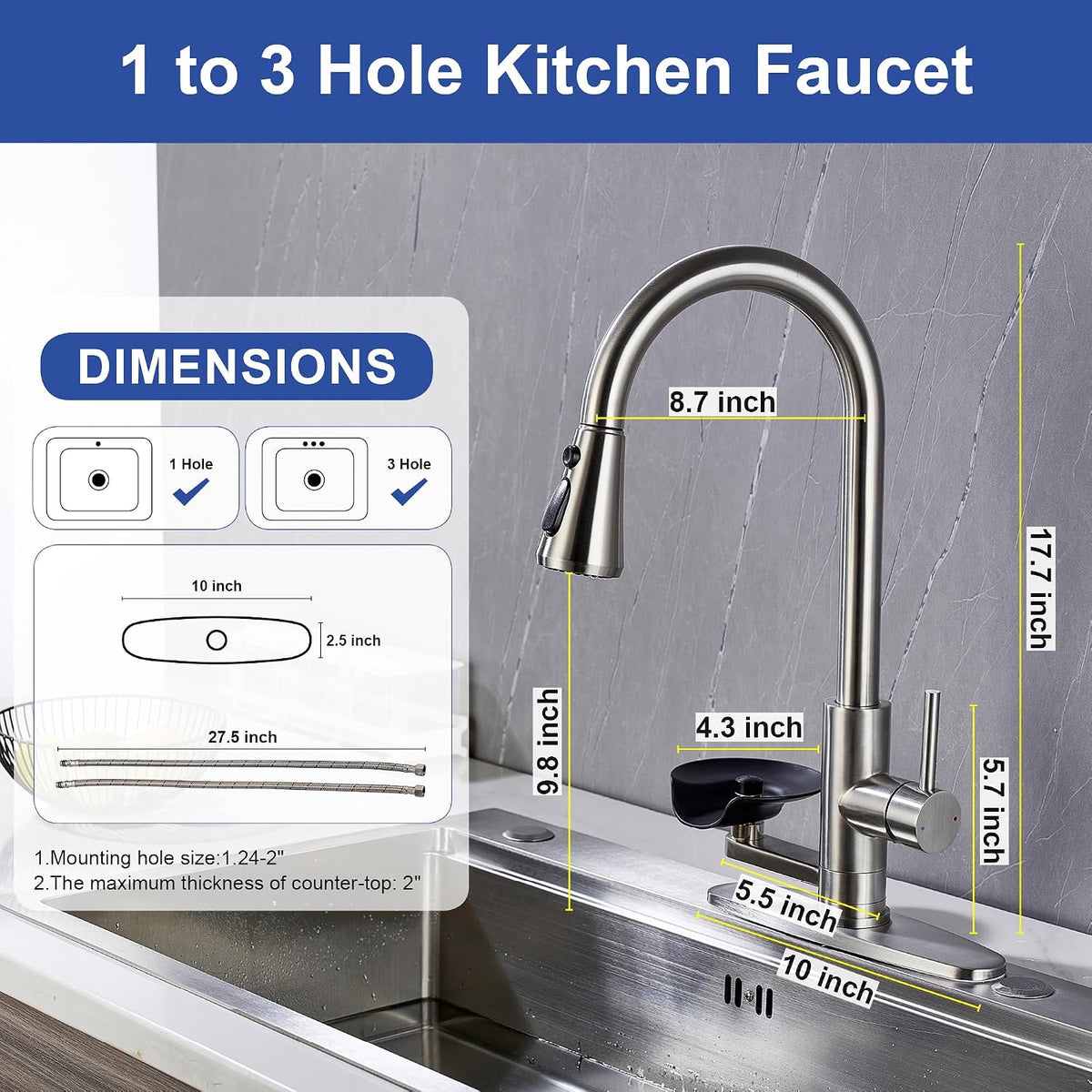 Kitchen Faucet with Glass Rinser Single Handle Pull Down Kitchen Sink Faucet with Cup Washer 1 or 3 Hole Glass Rinser