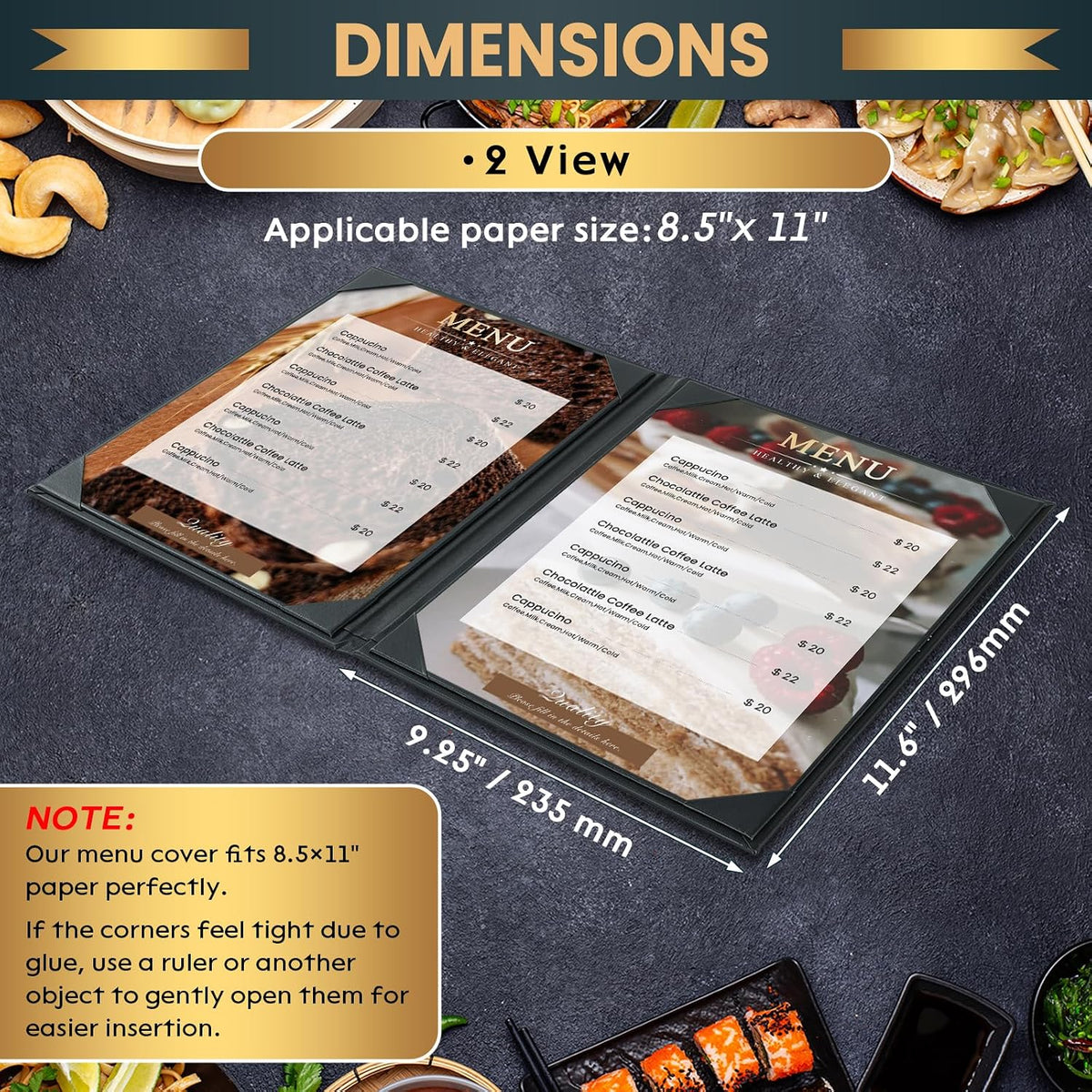 Menu Covers 8.5 x 11 Inch, 10 Pack, 2 View, Black PU Leather