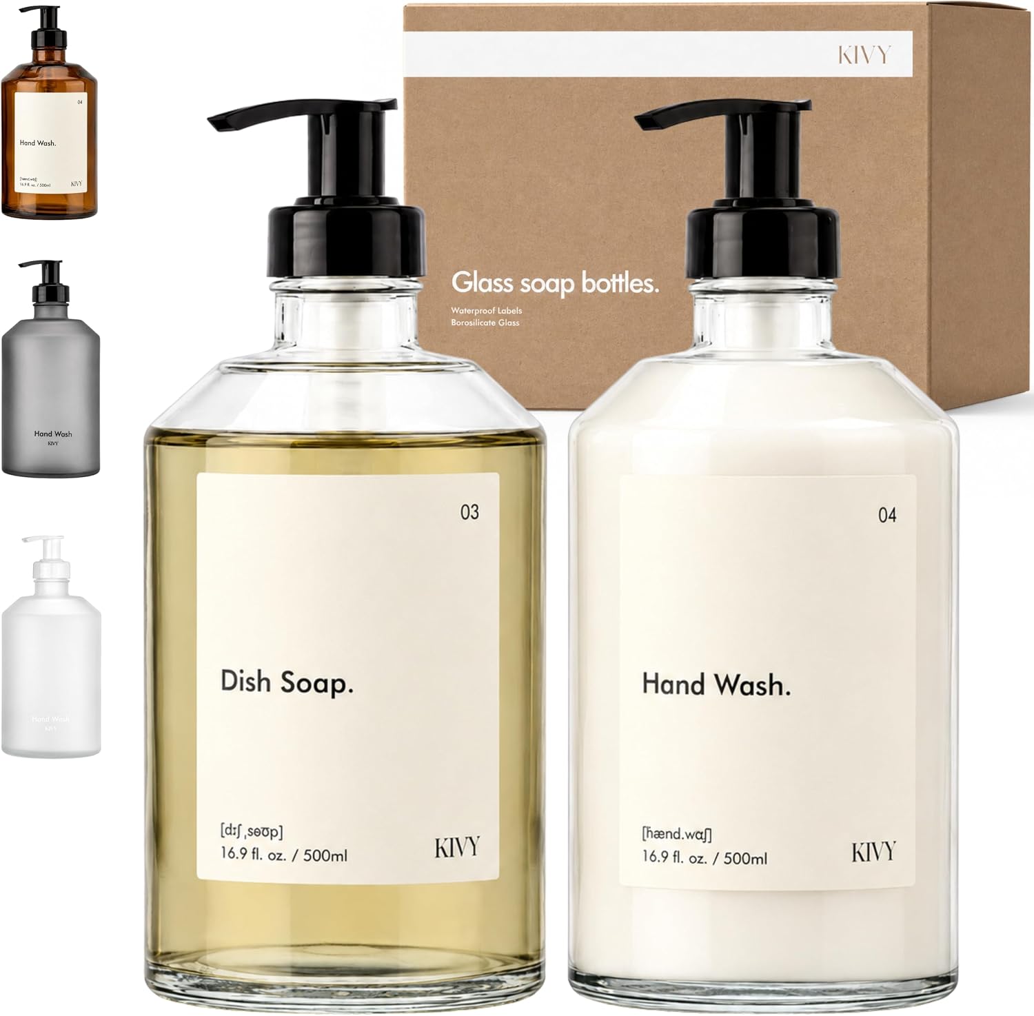 Glass Soap Dispenser Set [INCL. Waterproof Labels] - Glass Soap Dispenser with Pump - Hand Soap and Dish Soap Set