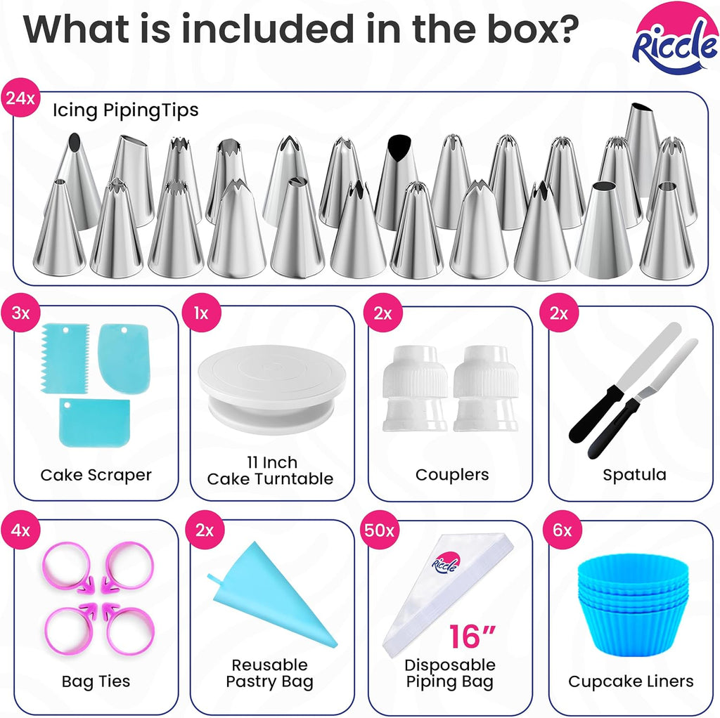 94 pcs Cake Decorating Kit with Cake Turntable - Includes 50pcs 16 Inch Disposable + 2 Reusable Piping Bags and Tips