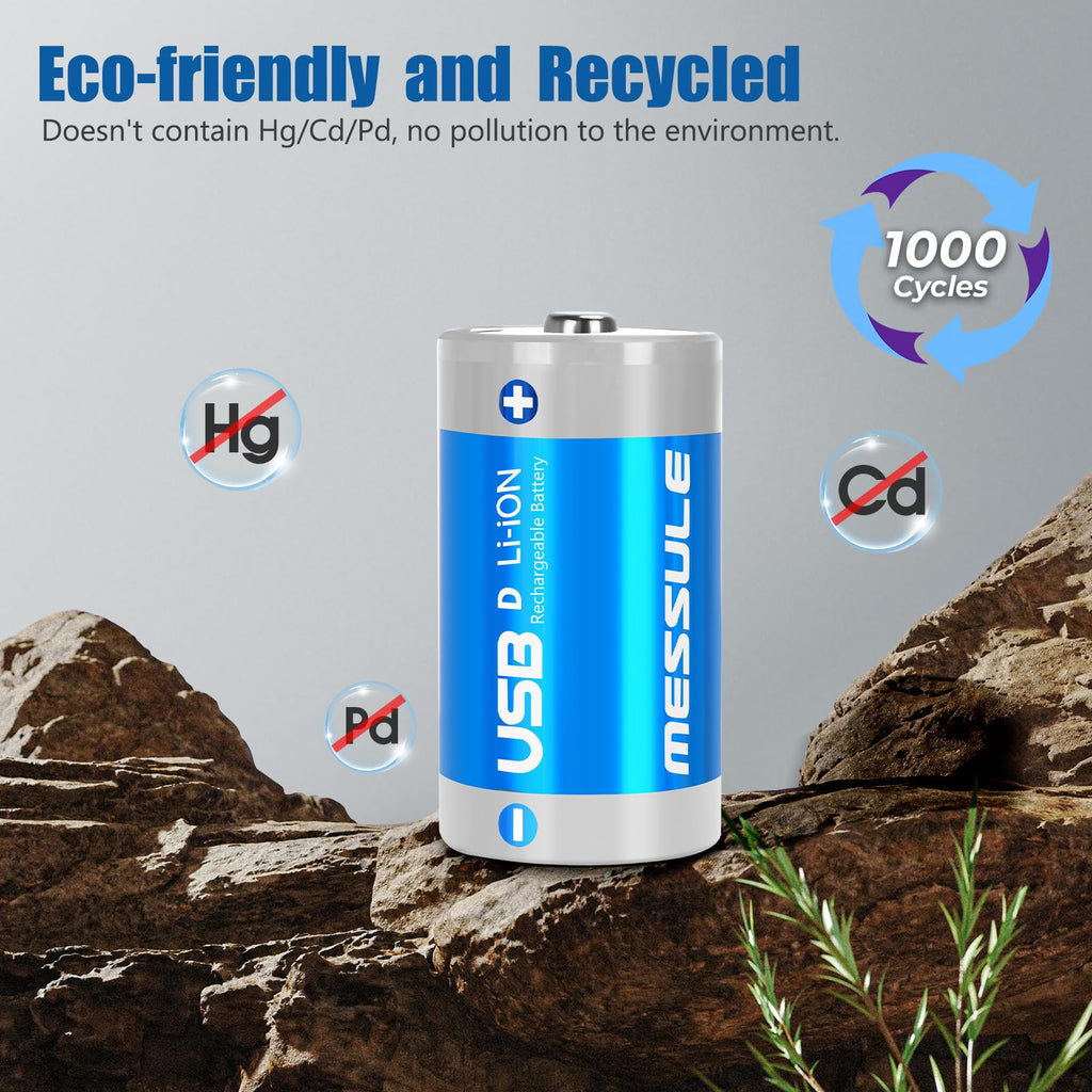 Rechargeable Lithium D Batteries with 4 in 1 USB-C Charge Cable