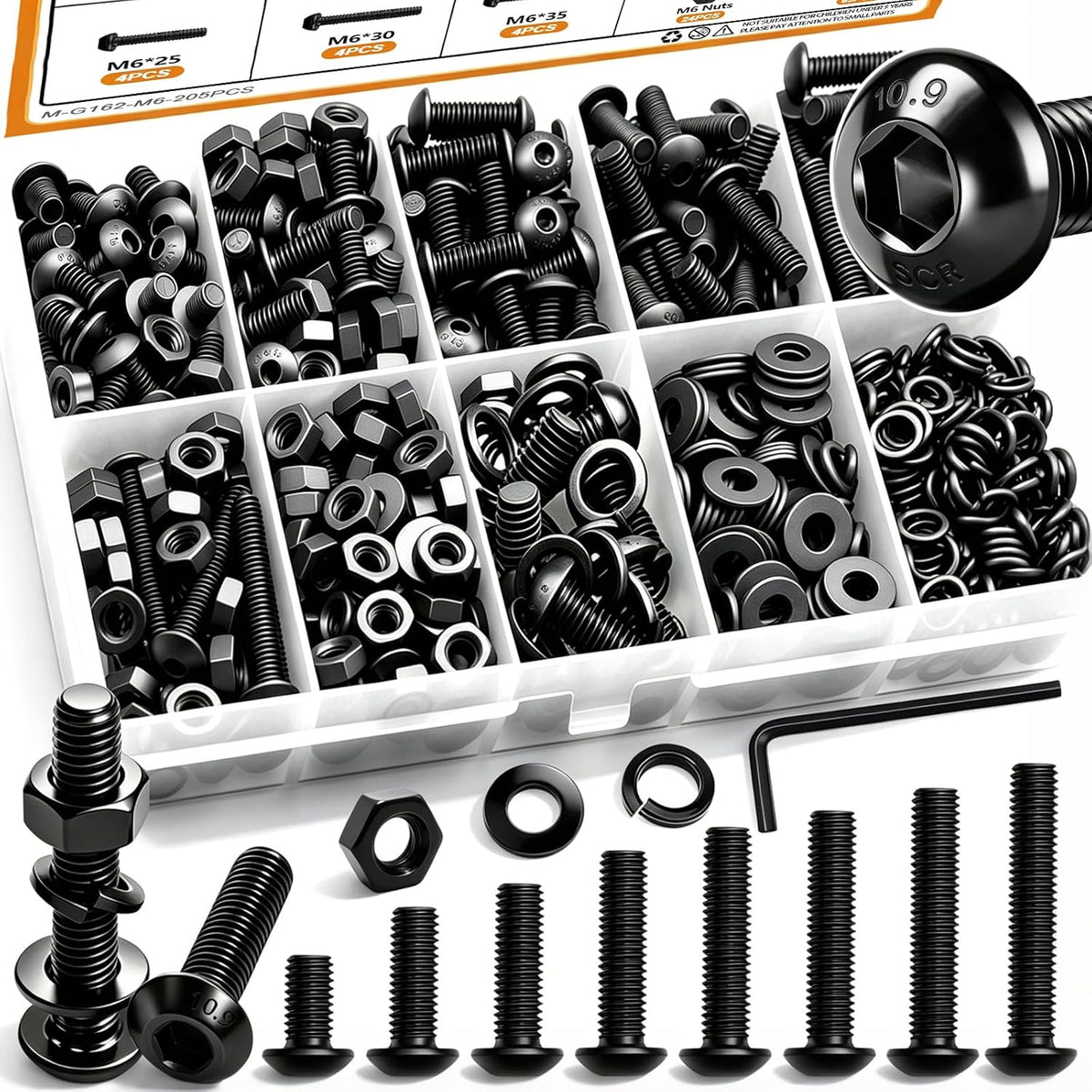 mankk 205PCS M6 Bolt Assortment Kit Button Head Hex Socket Cap Screws