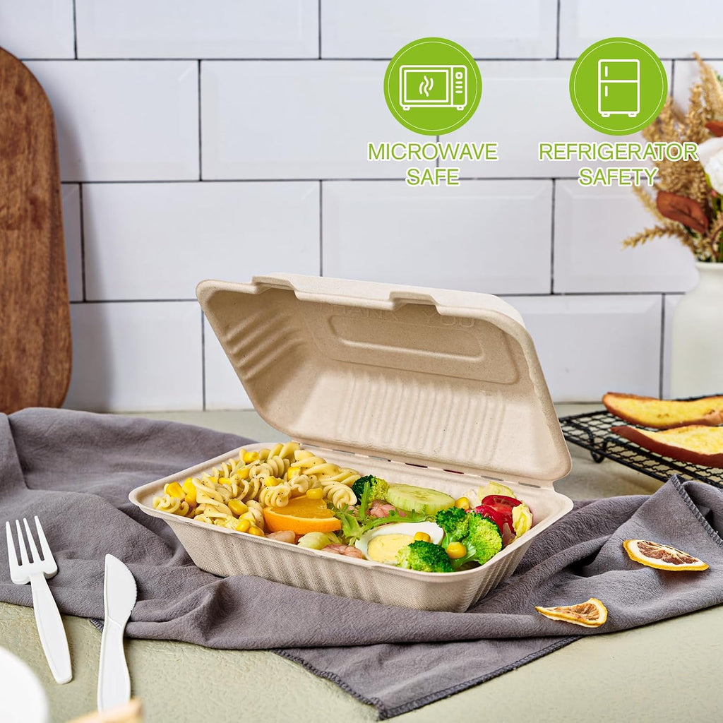 75 Pack Compostable Clamshell Take Out Food Containers, 9x6 inch