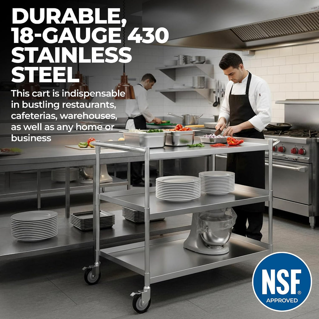33" x 21" Stainless Utility Cart, 3-Shelf, Casters, NSF