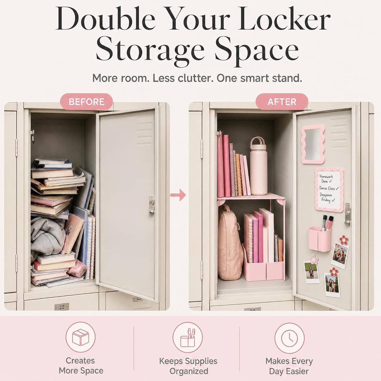Stylish Locker Accessories Kit - Includes Shelf, Mirror, Whiteboard, Pen Holder, Cute Flower Magnets & Marker Set