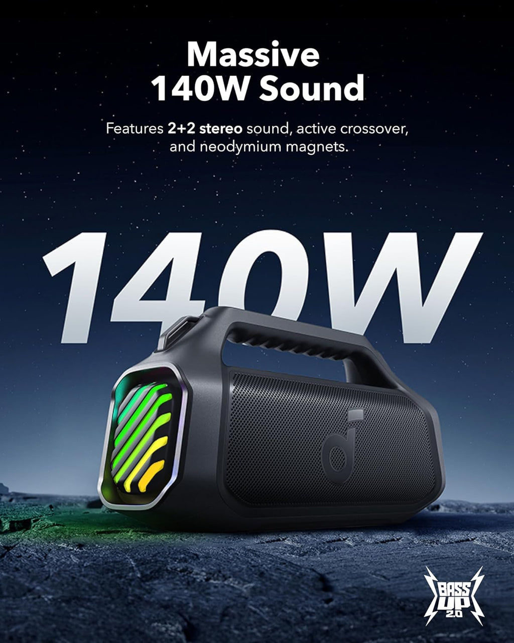 Boom 2 Plus Portable Speaker By Anker, 140W, 2+2 Channel, BassUp 2.0, 20H Playtime, Fast Charge, IPX7 Waterproof, RGB