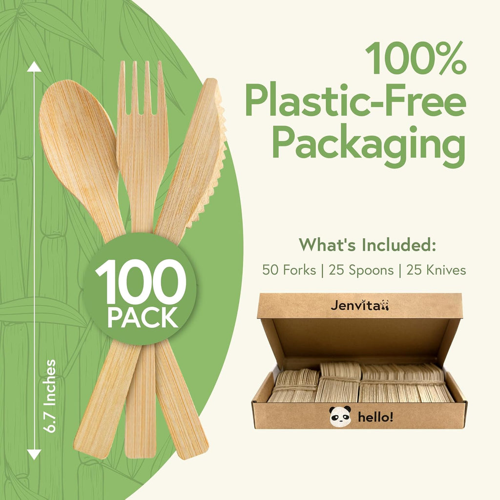 100% Bamboo Utensils Set, 100 Pack, Compostable Cutlery
