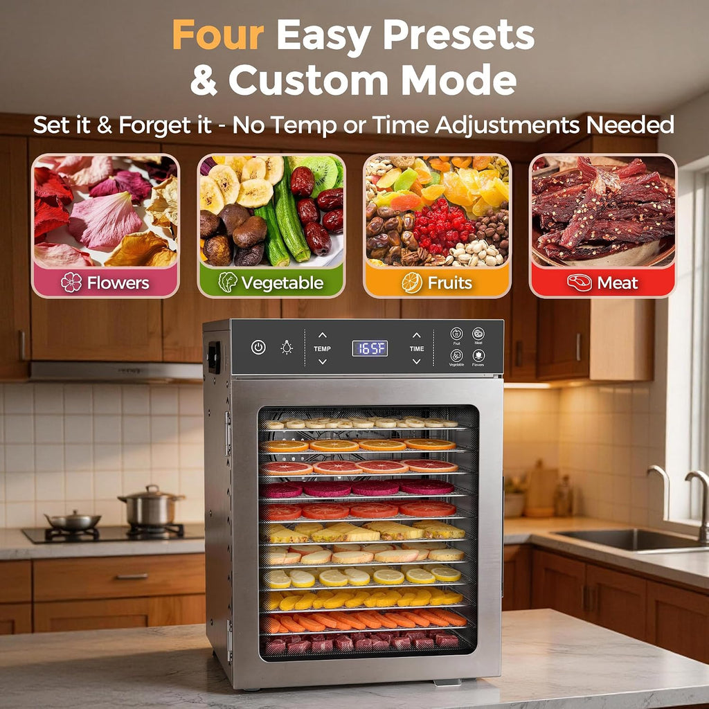 12-Tray Food Dehydrator, Stainless Steel, 4 Presets for Jerky&Fruit