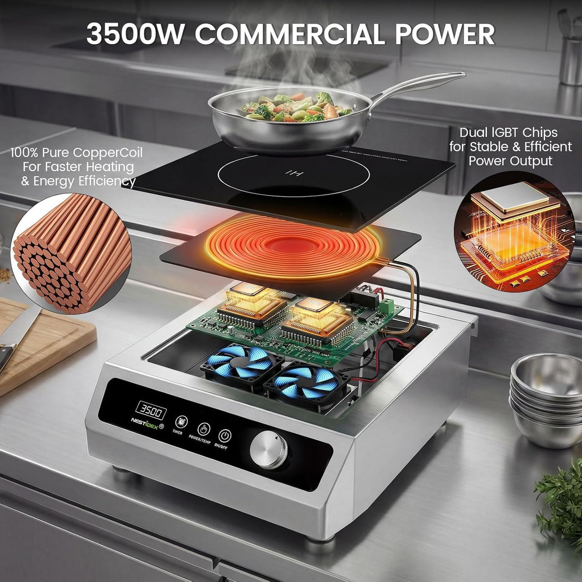 3500W Commercial Induction Cooktop, 208V 3-Phase Induction Burner