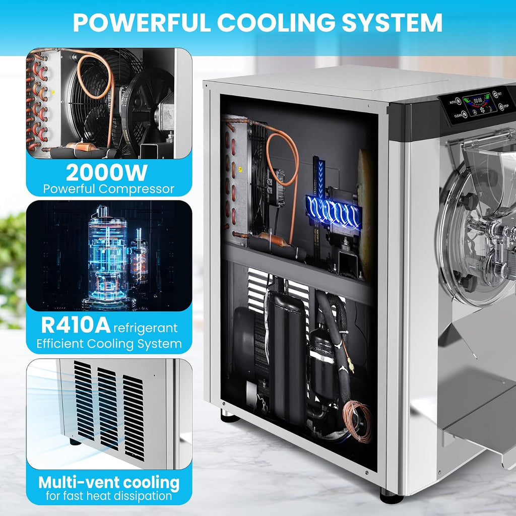2000W Commercial Ice Cream Machine, 4.8-6.4 gal/H Single Flavor Countertop Hard Serve Ice Cream Maker, Hard Ice Cream