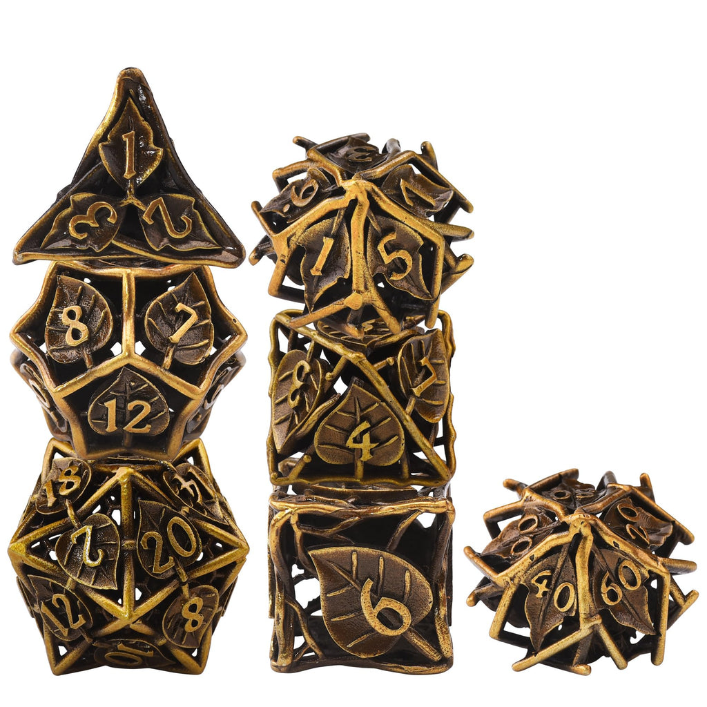Metal RPG Dice Set 7 Pcs Leaf RPG Dice Hollow Polyhedral Metal Dice
