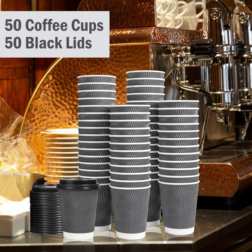 50 Pack 16 oz Insulated Disposable Coffee Cups with Lids
