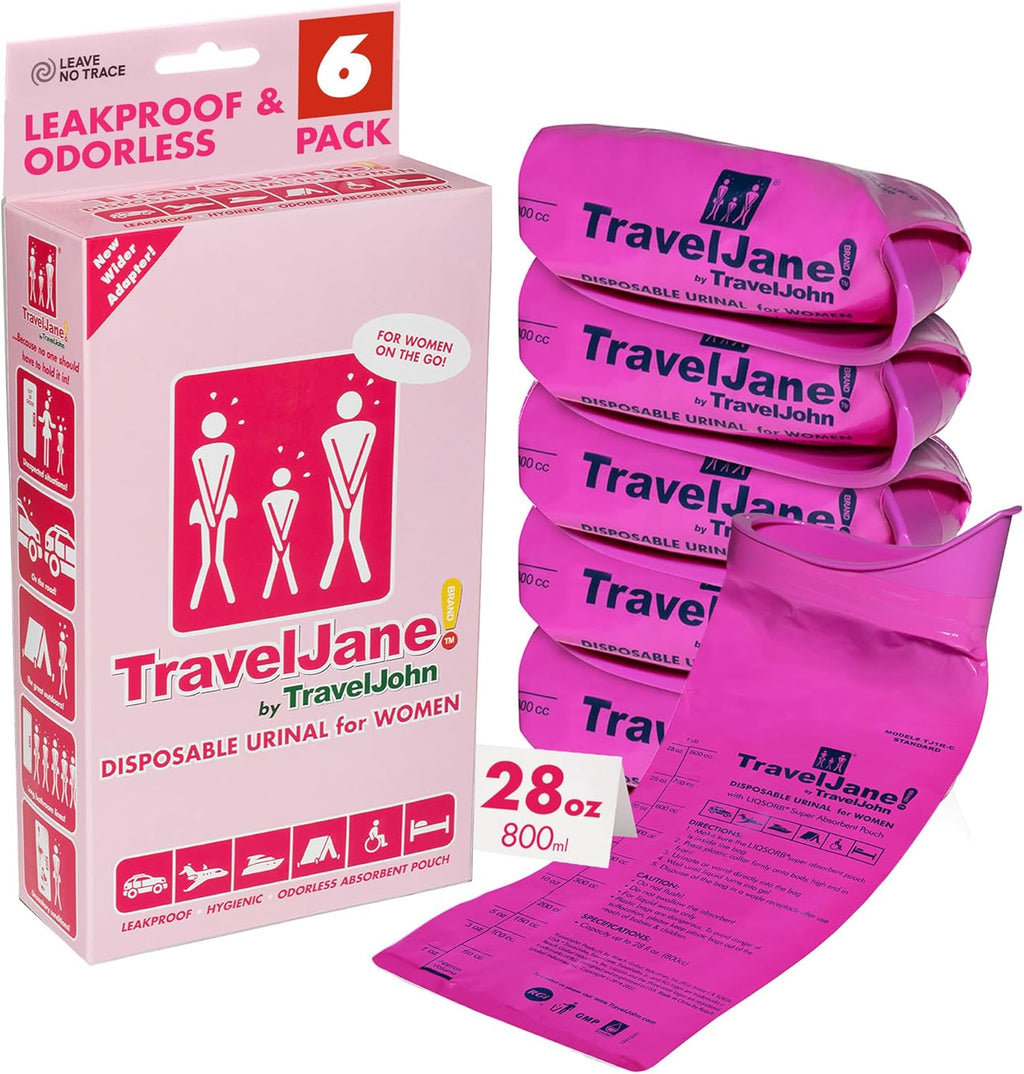 TravelJane Disposable Urinal Bags – Leakproof – (TJ1R-C) | Travel Urinal for Women, Men & Kids – Odorless Portable