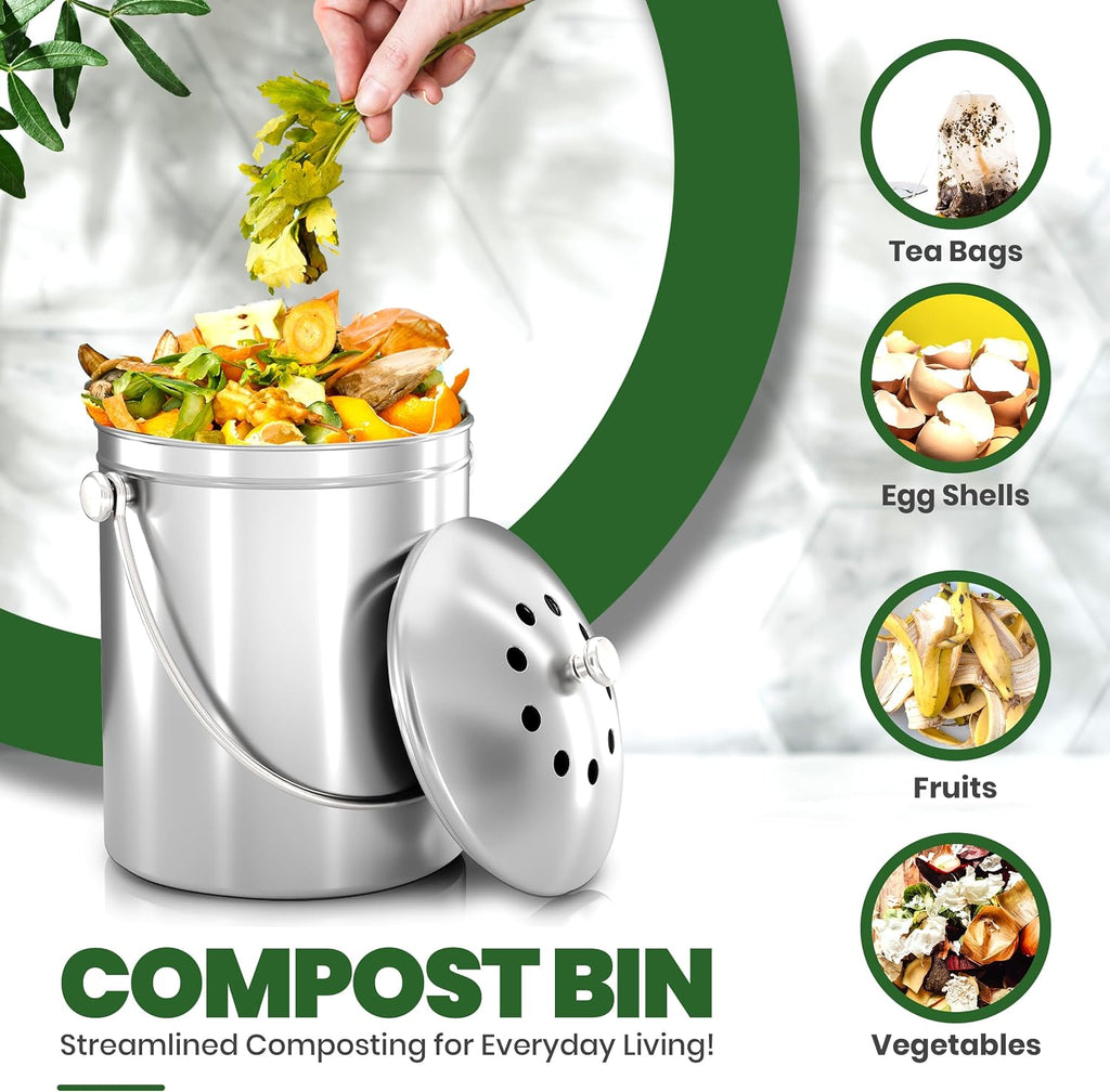 Countertop Compost Bin 1.3 Gallon, Stainless Steel, Silver | Odorless countertop compost bin with charcoal filter