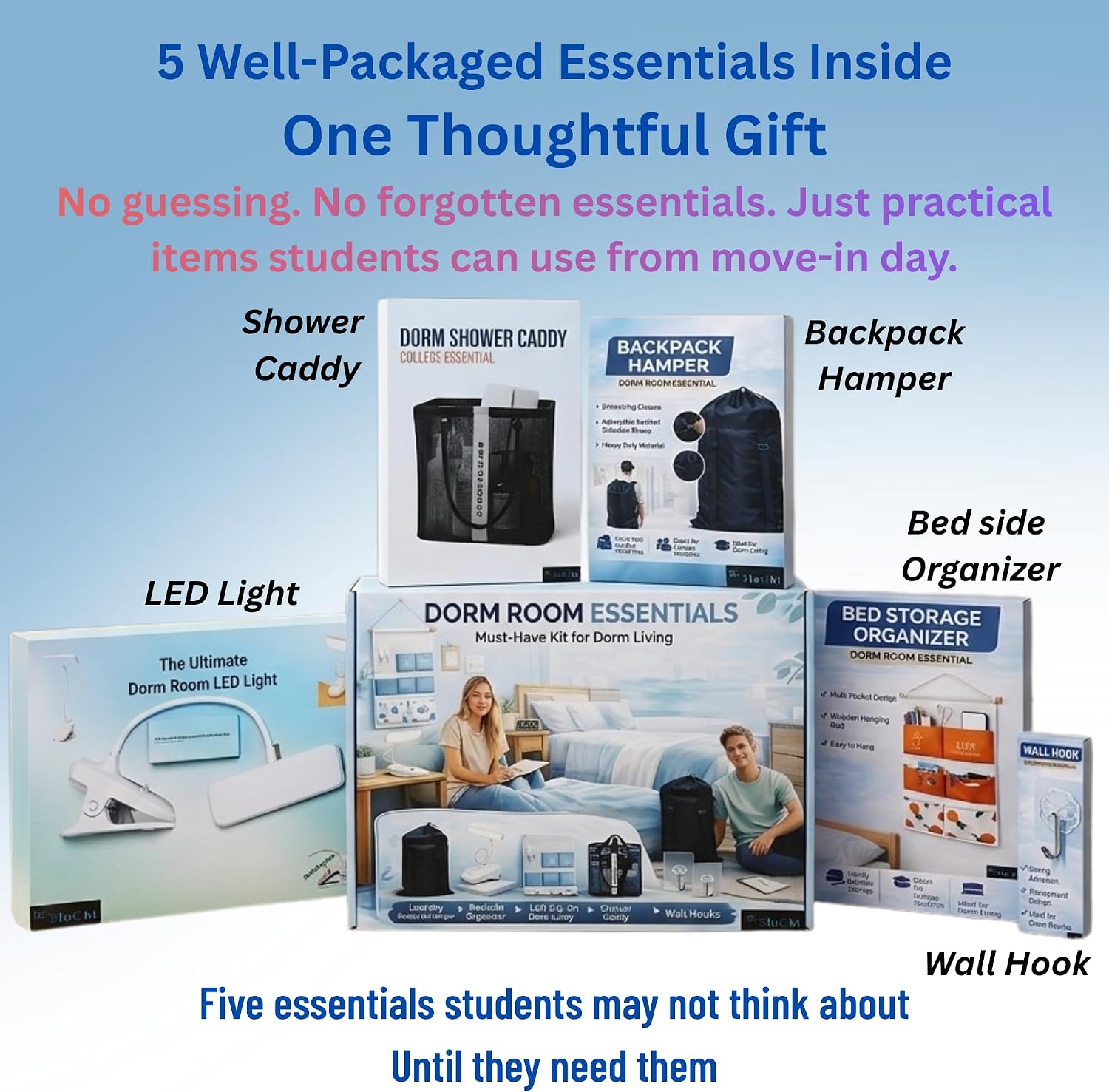 Dorm Room Essentials Set, 5-Piece College Dorm Essentials Kit for Girls & Guys, Laundry Backpack Hamper, Shower