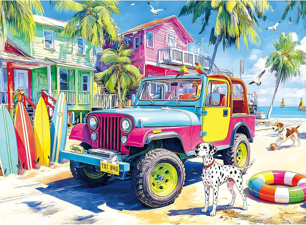 500 Piece Jigsaw Puzzle for Adults – Colorful Beach Jeep with Surfboards and Tropical Island Scene, Cute Dalmatian