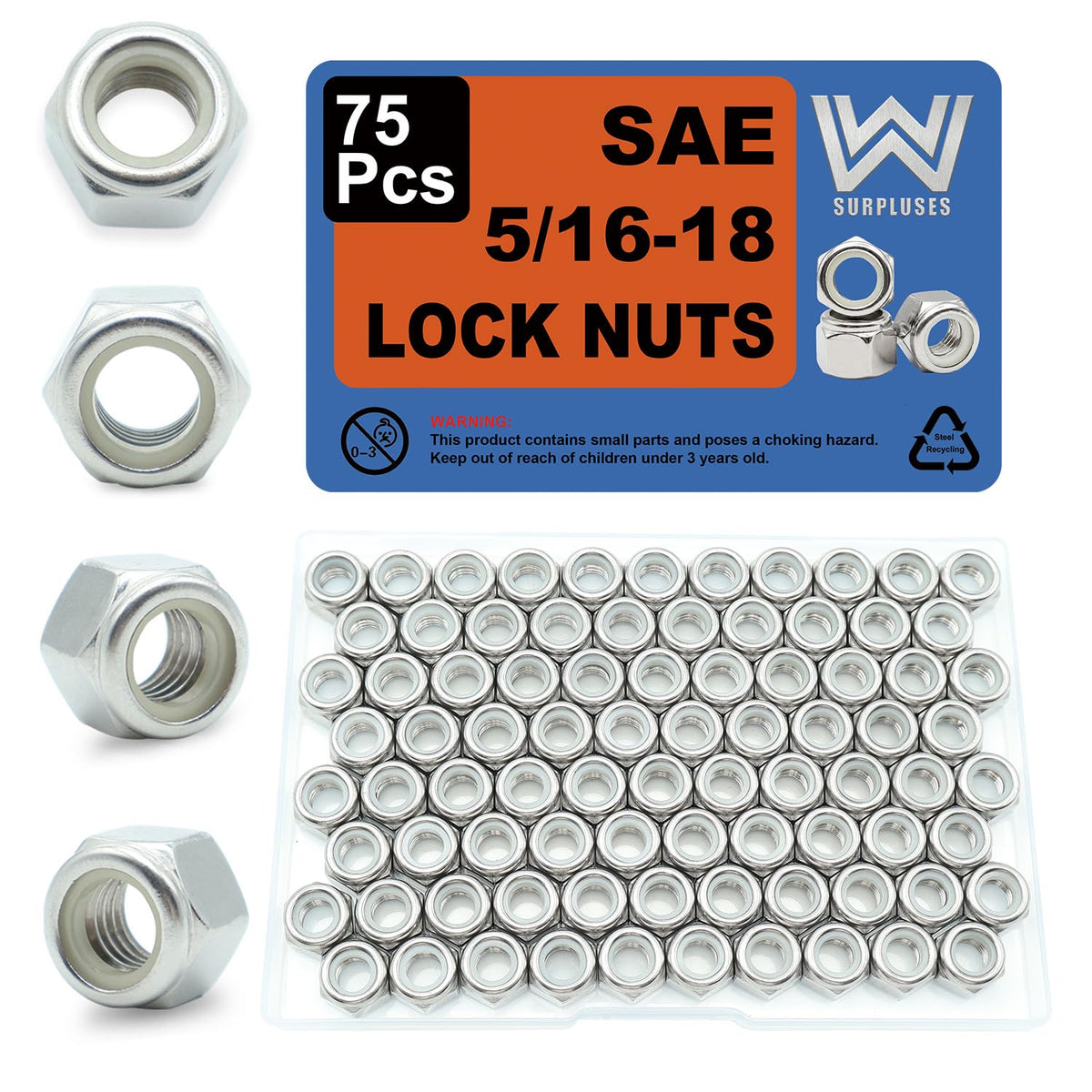 5/16-18 Nylon Insert Lock Nuts 75 Pack, 304 Stainless Steel Hardware Nuts