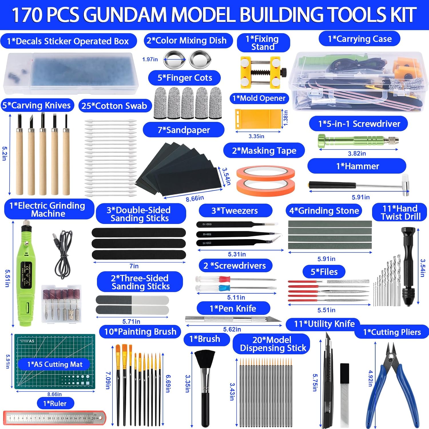 Gundam Tool Kit, 170 Pcs Professional Model Tool Kit for Gundam, Model Kit Tools with Decals Sticker Operated Box